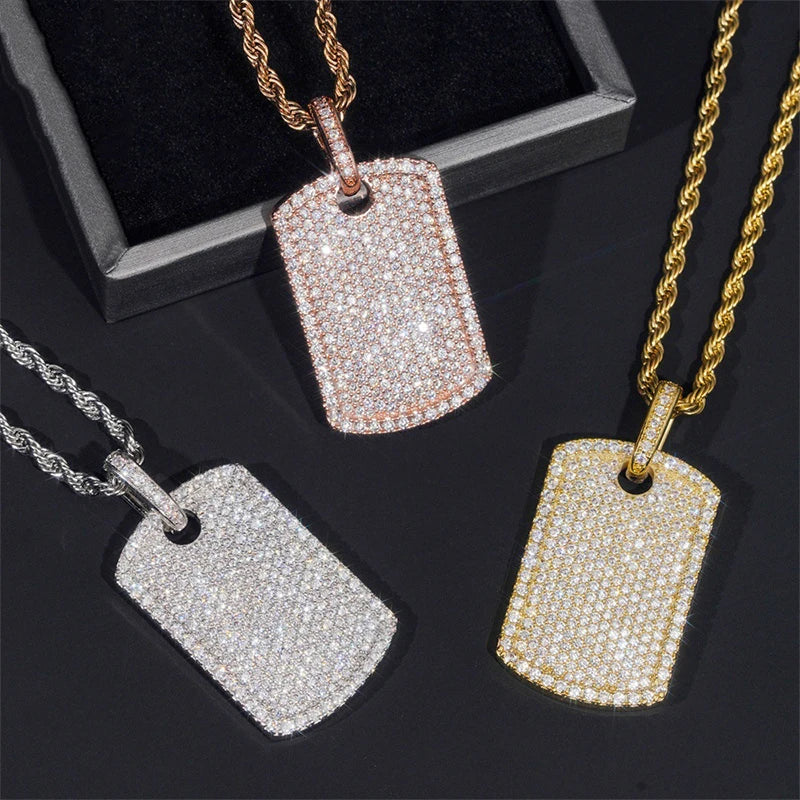 Iced Out Dog Tag Pendant Necklace — Rose Gold