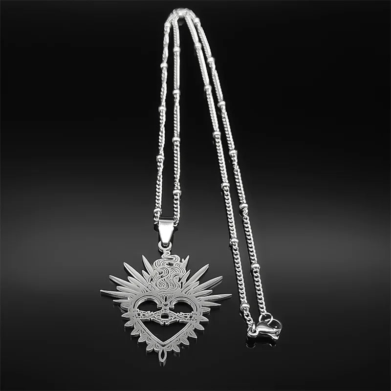 Sacred Heart Enamel Pendant — Black Stainless