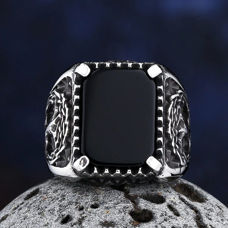 2024 New Men's Punk Rock Black Stone Tree Of Life Ring Gothic Style 316L Stainless Steel Biker Anel Movie Viking