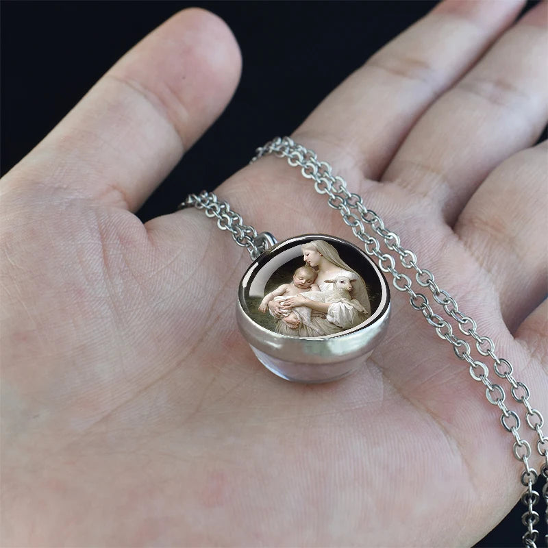 Jesus and Virgin Mary Necklace Saint Michael Jude Anthony Patrick Paul Glass Ball Pendant Religious Jewelry Christian Gift