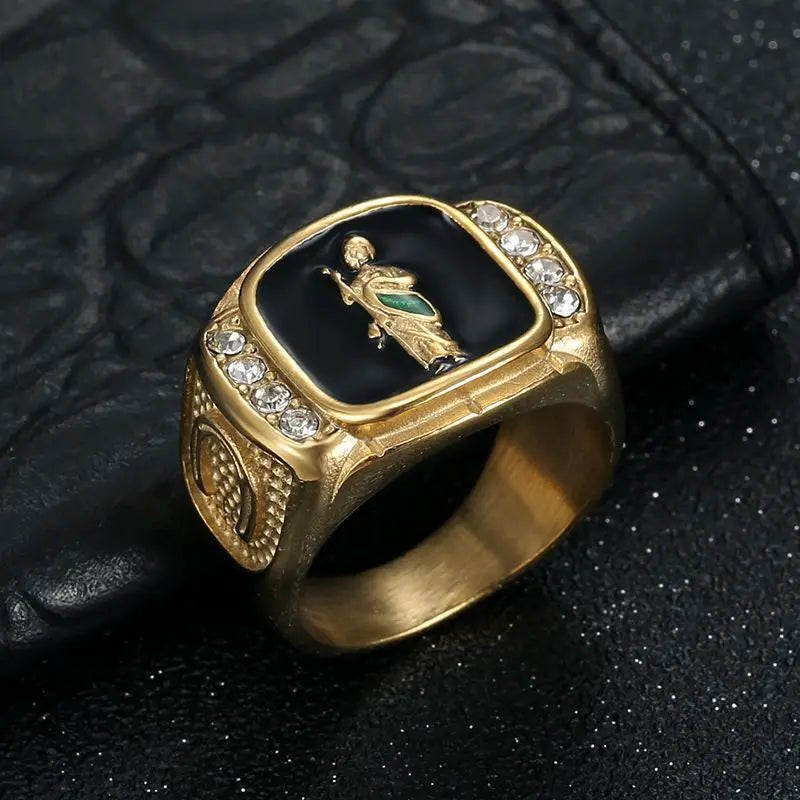 1pc, 316L stainless steel jewelry, St. Jude ring,with rhinestone green enamel, street party, daily wear, men's women's
