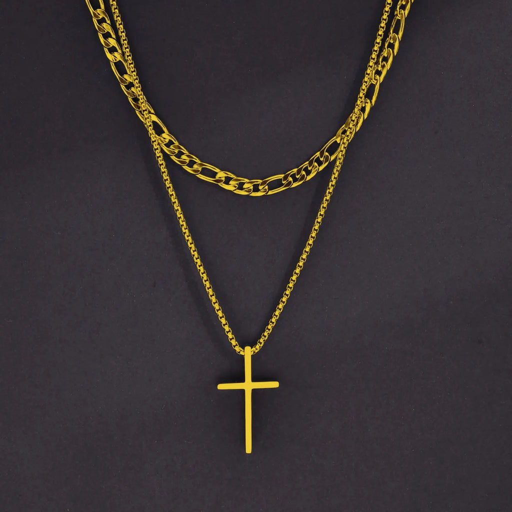 Vnox Dropshipping Mens Cross Necklaces Stainless Steel Layered Plain Cross Pendant Rope Box Chain Necklace Prayer Jesus Collar