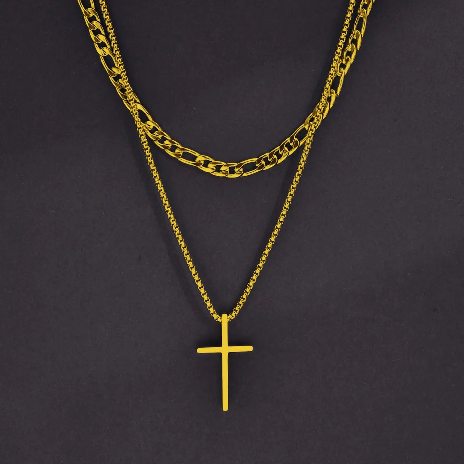 Vnox Dropshipping Mens Cross Necklaces Stainless Steel Layered Plain Cross Pendant Rope Box Chain Necklace Prayer Jesus Collar