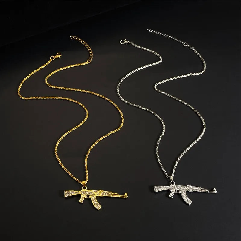 Personalized Diamond Studded AK47 Submachine Gun Pendant Necklace for Men, Fashionable Hip-hop Rock Party Necklace for Women