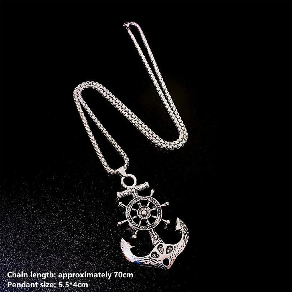 Vintage Nautical Rotatable Ship Wheel Anchor Pendant Necklace