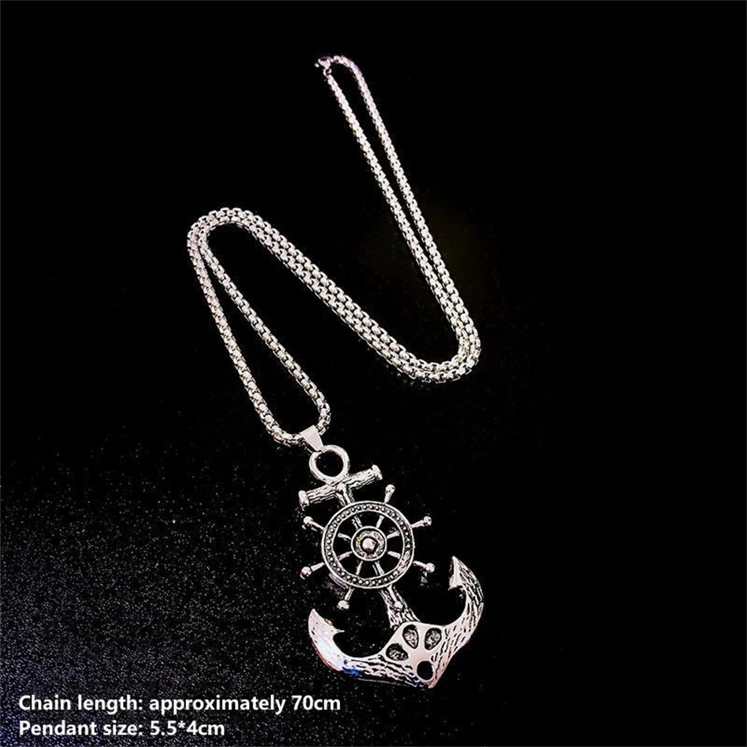 Vintage Nautical Rotatable Ship Wheel Anchor Pendant Necklace