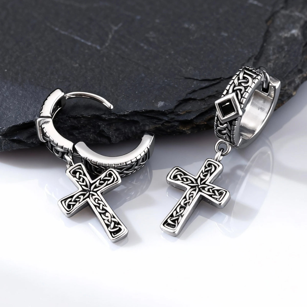 Celtic Knot Cross Hoop Earrings for Men — Black Square Drop