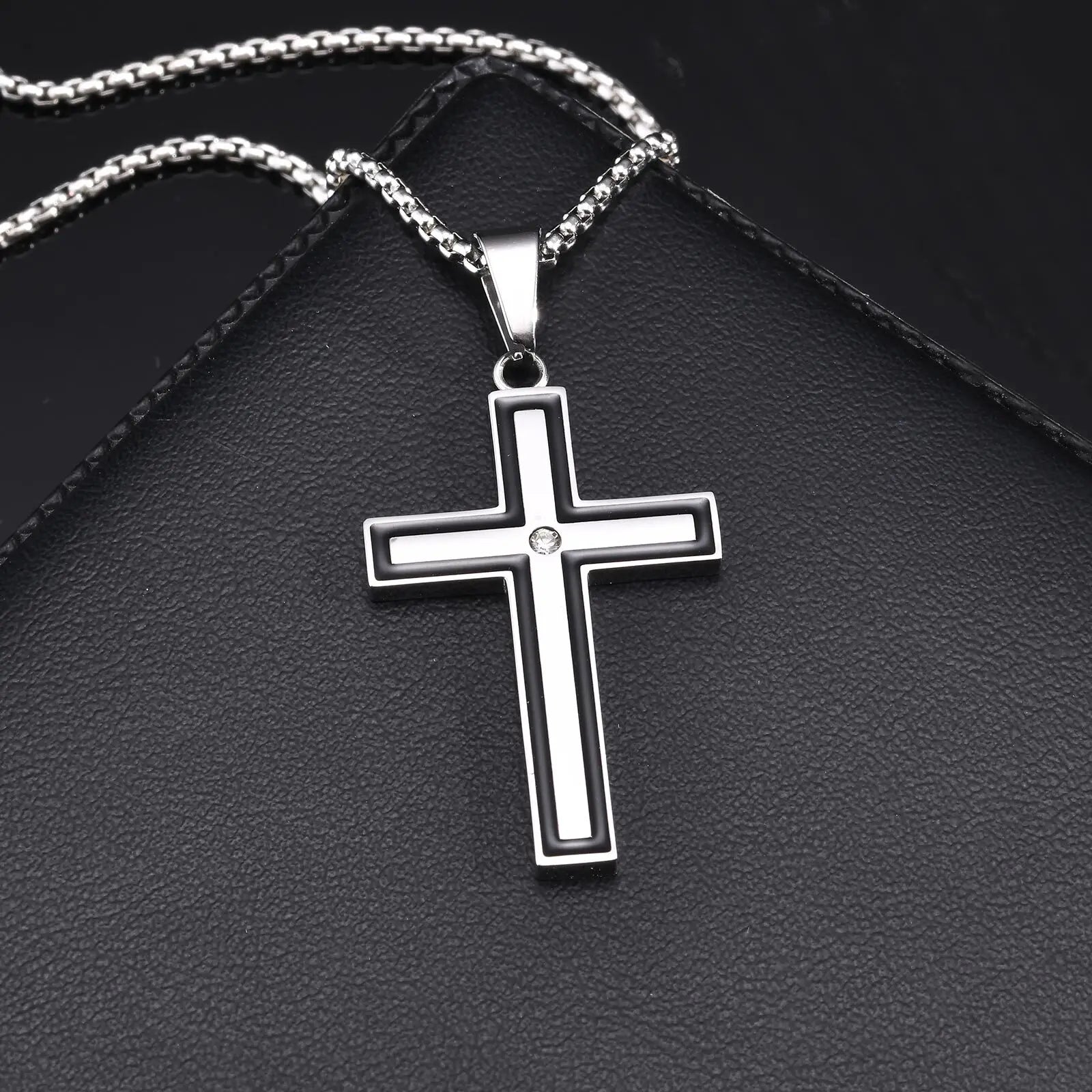 Iced Out Cross Black Pendant Necklace — Stainless Steel