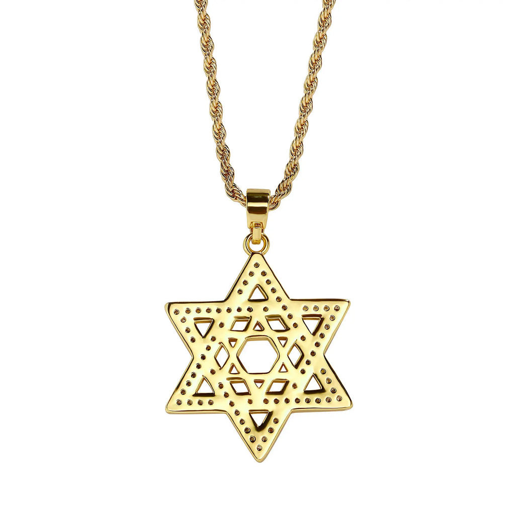 Gold Iced Out Hexagon Pendant Rope Chain Necklace