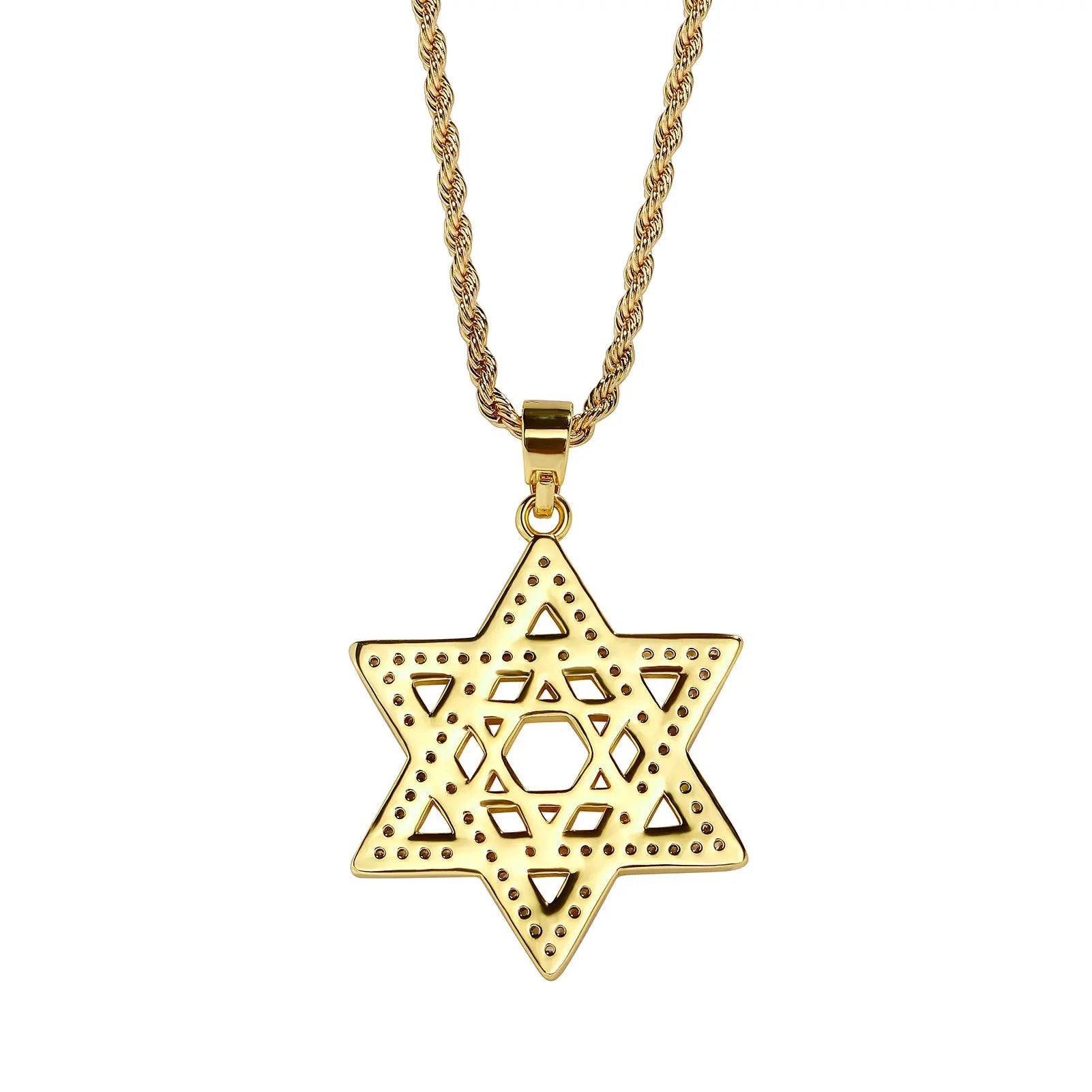 Gold Iced Out Hexagon Pendant Rope Chain Necklace