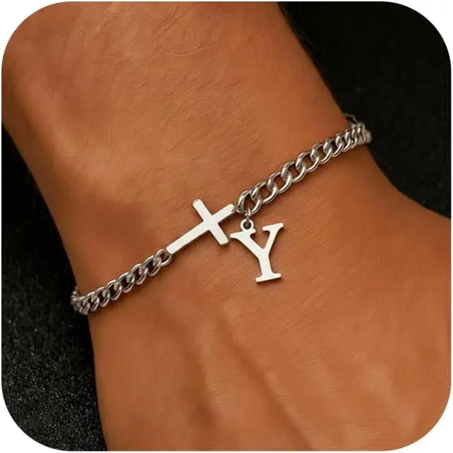 Men Cross Cuban Chain Bracelets for Men Initial A-Z Faith Cross Bracelets, Stainless Steel Initial Bracelet Religious