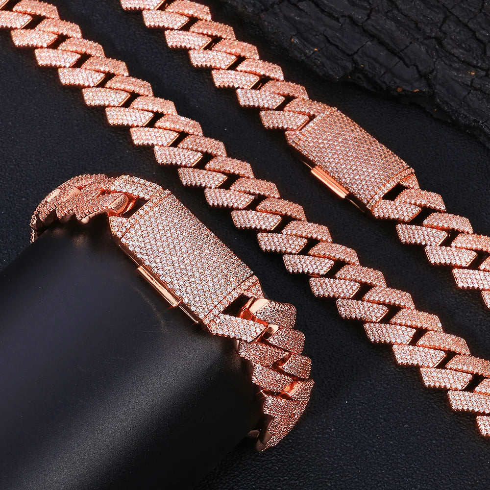 Wholesale Full Diamond Cuban Necklace Hip Hop Jewelry Cube Zirconia Sparkling Diamond 15mm Brass Plated Rose Gold Jewelry