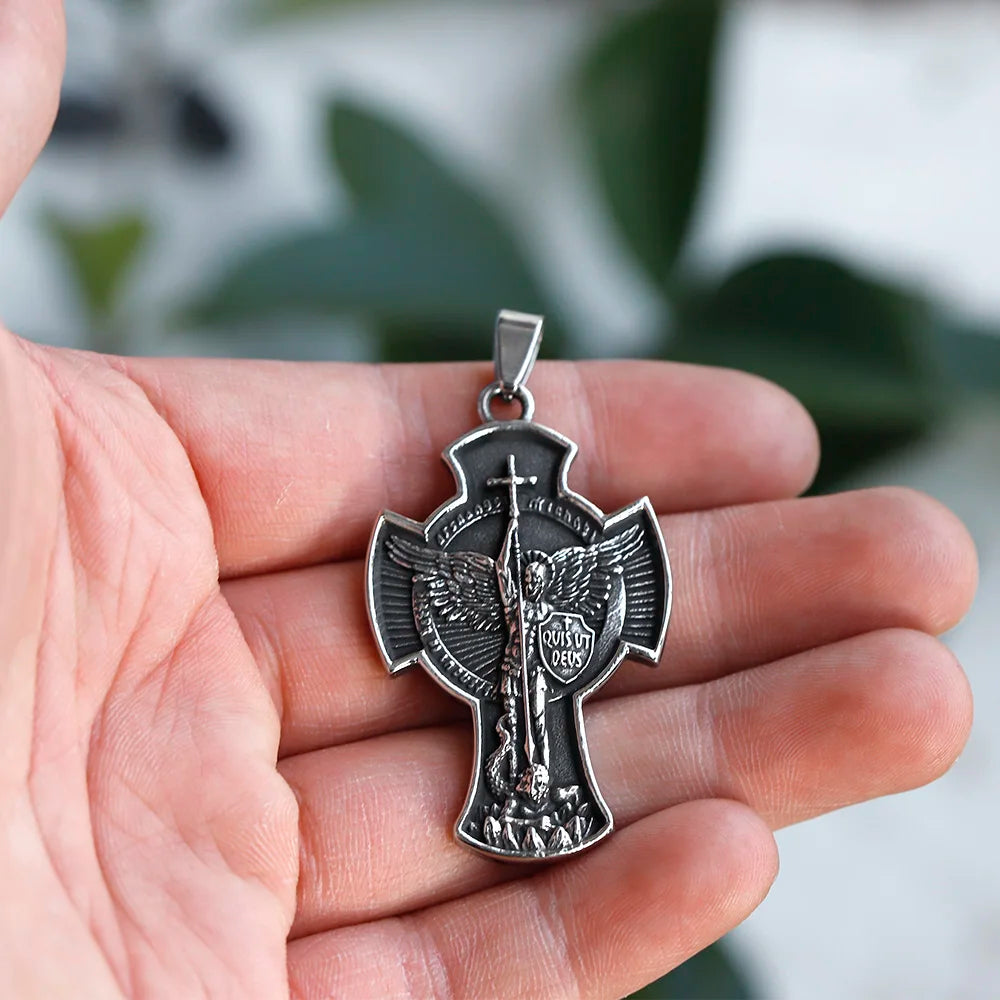 Vintage 2024 New Dropshipping Men's 316L Stainless Steel Saint Michael Pendant Necklace Lucky Chain Jewelry Man or Women Gift