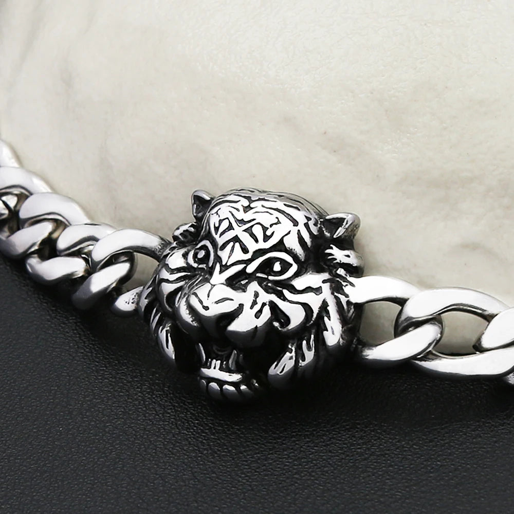 Vintage Domineering Tiger Lion Head Charm Bracelet For Men Women Stainless Steel Fashion Gothic Animal Jewelry Gift