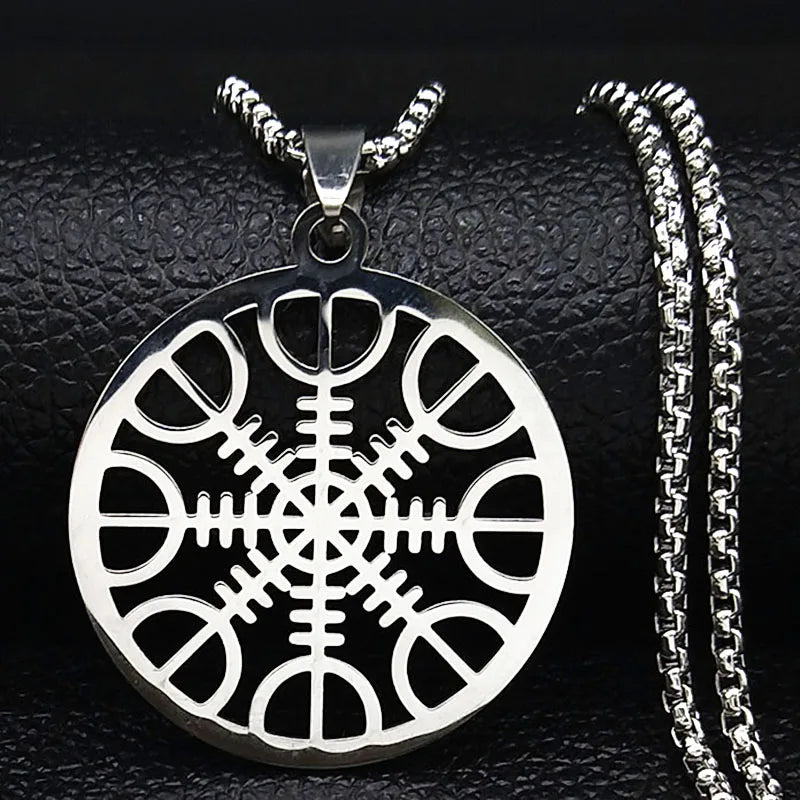Viking Compass Helm Rune Amulet Necklace Silver Color Stainless Steel Symbol of Protection Necklace Pagan Jewelry