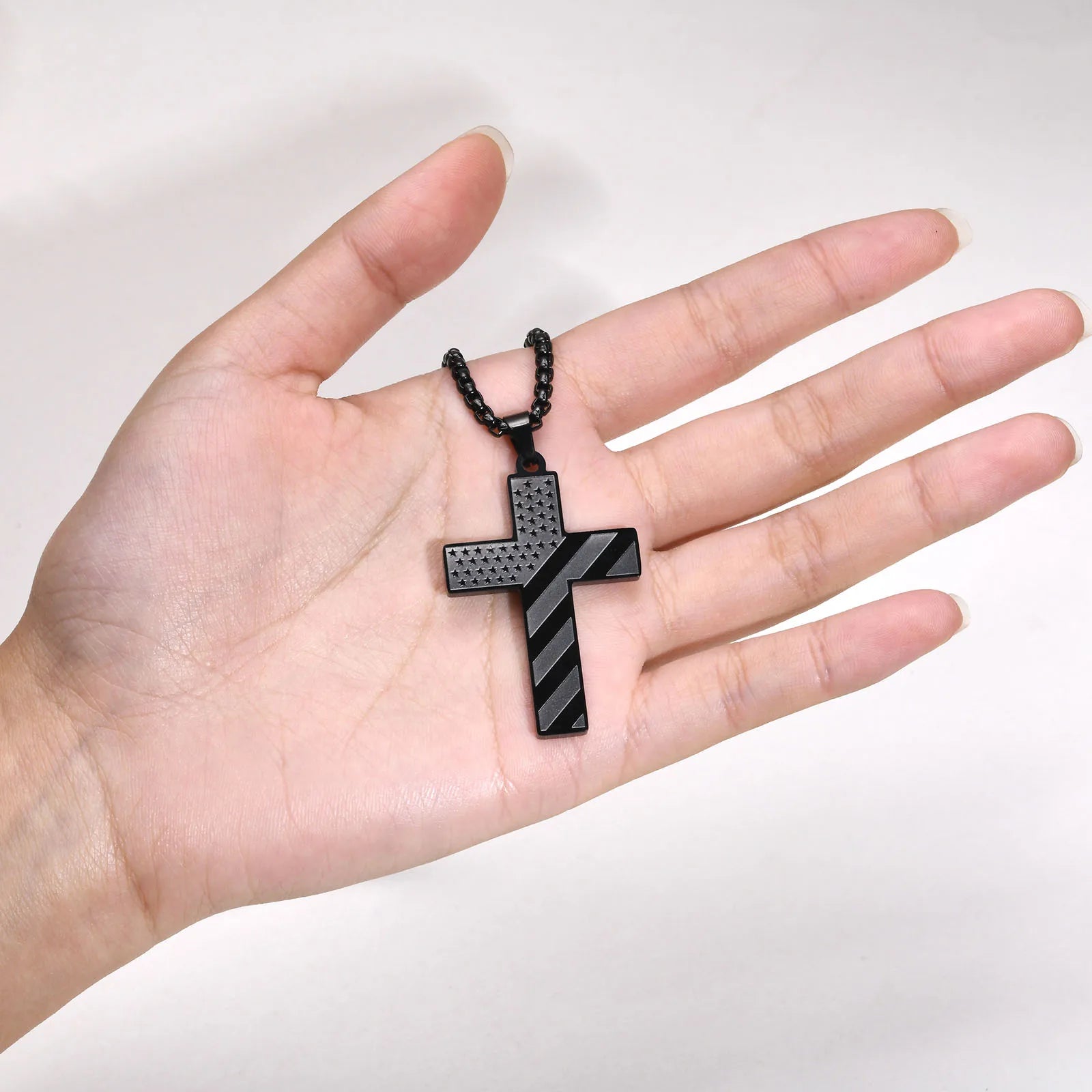 Vnox American Flag Cross Pendant Necklace for Men, Bold US Flag Textured Pendant, Black Stainless Steel Faith Jewelry