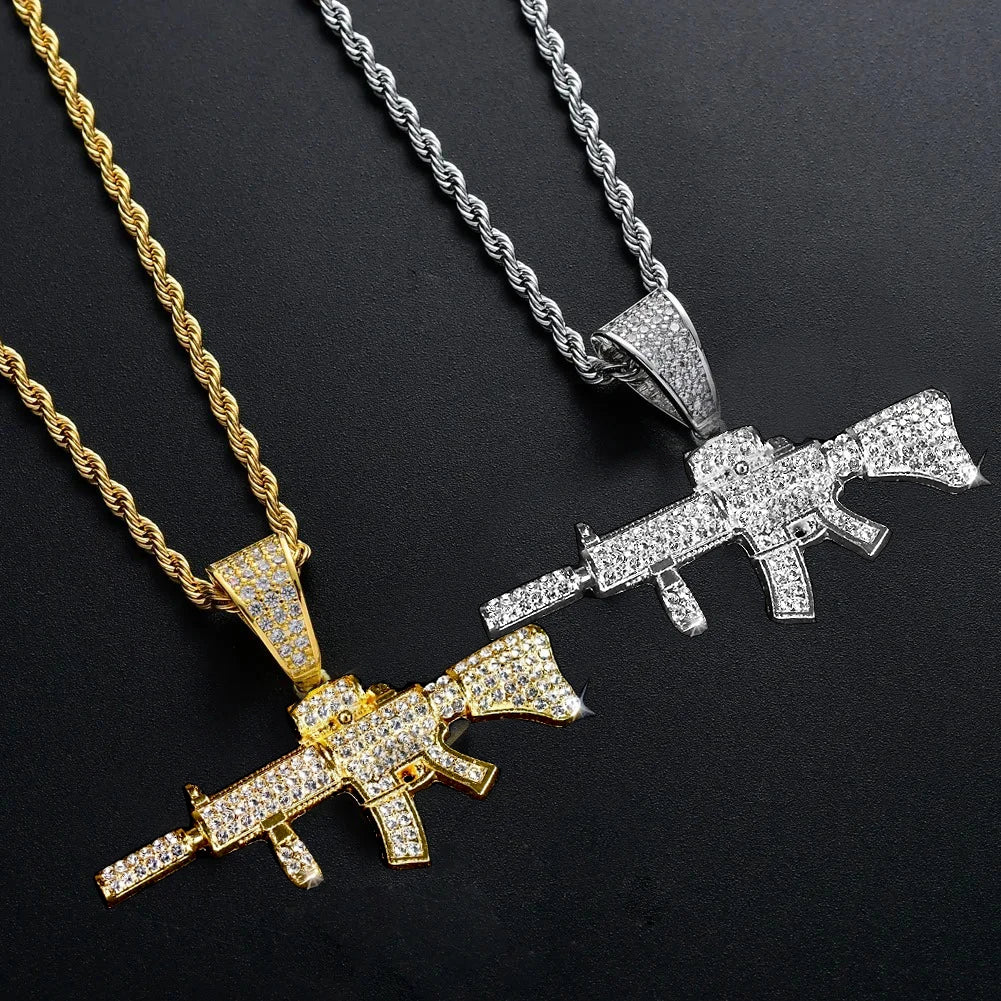 Fashion HipHop Ak47 Submachine Gun Pendant Necklace For Men Crystal Cuban Chain Iced Out Bling Necklace Punk Rock Biker
