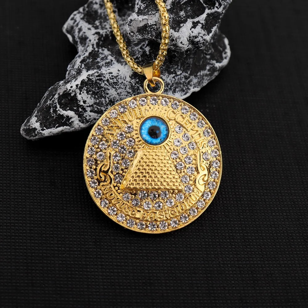 Iced Out Eye of Horus Pyramid Pendant Necklace — Gold-Tone