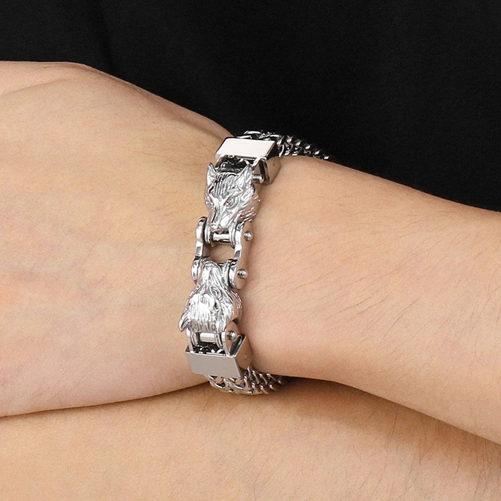 Men's Double Wolf Head Bracelets Stainless Steel Viking Jewelry Punk Rock Bicycle Chain Man Bracelet for Men 8.46" Male
