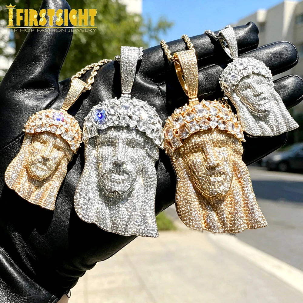 Iced Out Rose Flower Jesus Head Pendant Necklace Two Tone Color CZ Zircon Faith Charm Men Women Hip Hop Fashion Rock