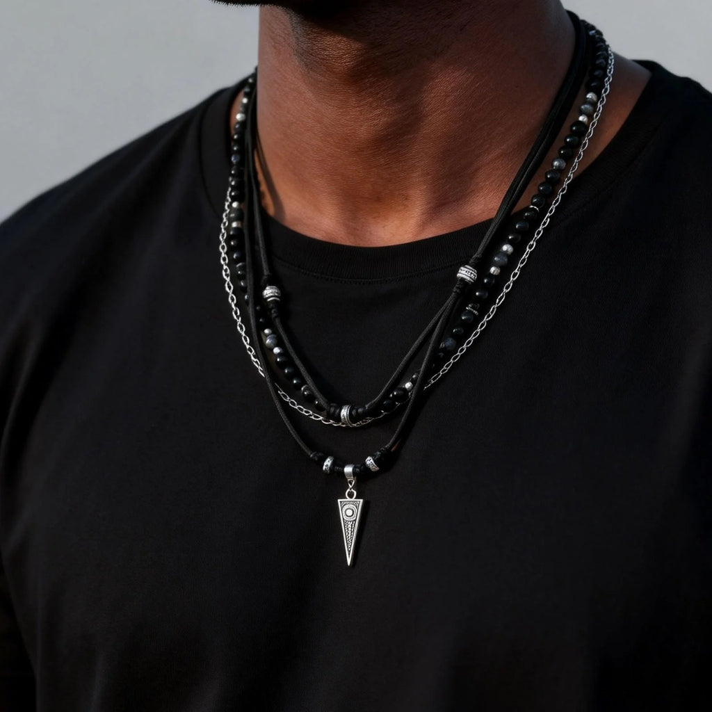 Multi-Layer Leather Pendant Necklace — Black