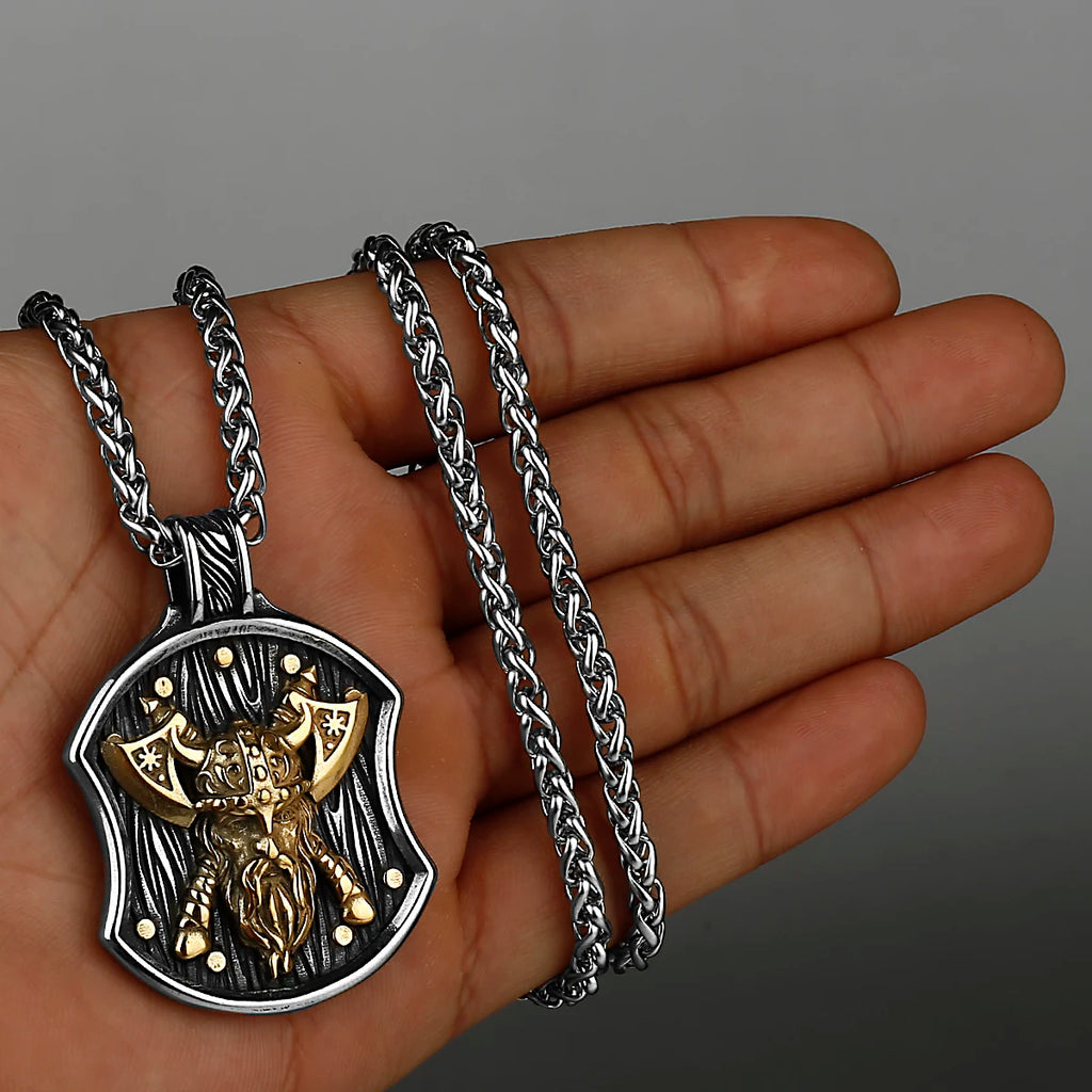 316L Stainless Steel Fashion Viking Odin Warrior Shield Necklace Nordic Amulet Double Axe Necklace Pendant Jewelry Men's Gift