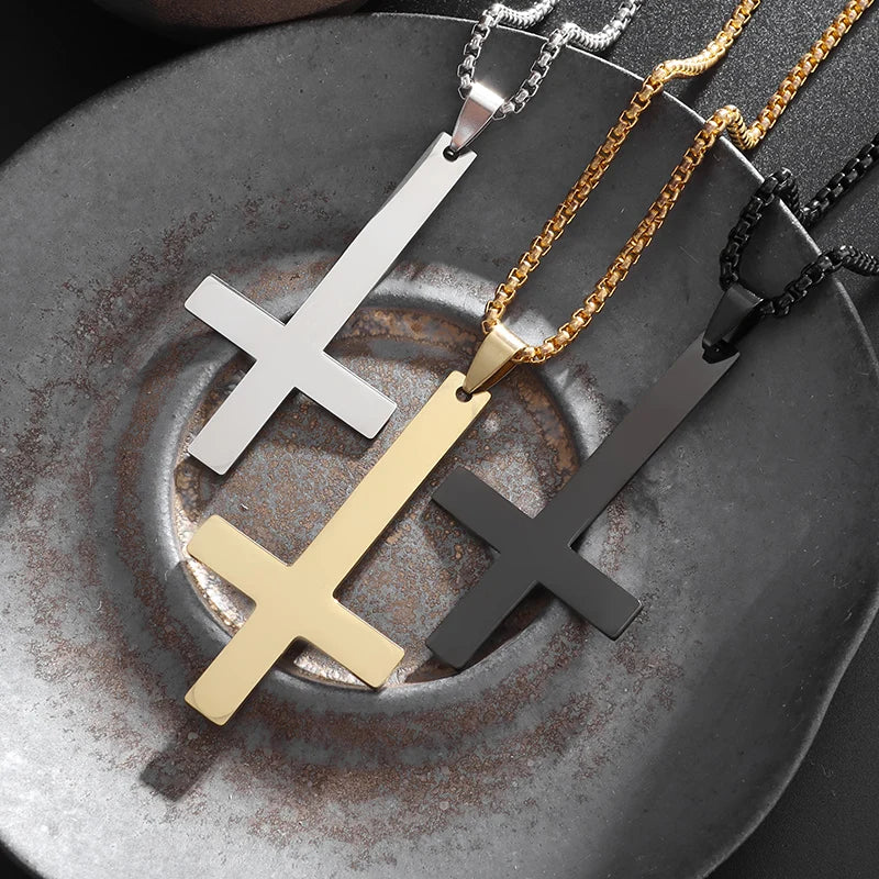 Male Black Plated St Peter's Inverted Cross Pendant Necklace for Men Stainless Steel Choker Crux de Sanctus Petrus