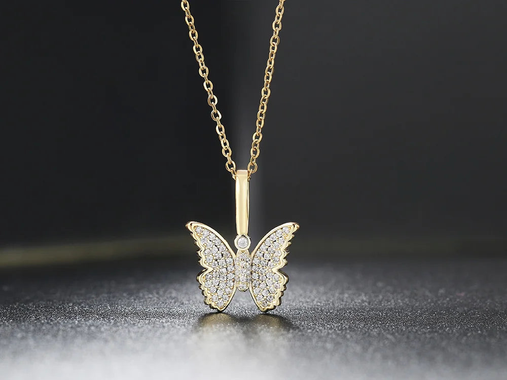 Iced Out Butterfly Pendant Necklace Stainless Steel