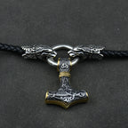 Men stainless steel Wolf head norse viking amulet thor hammer pendant necklace leather chain