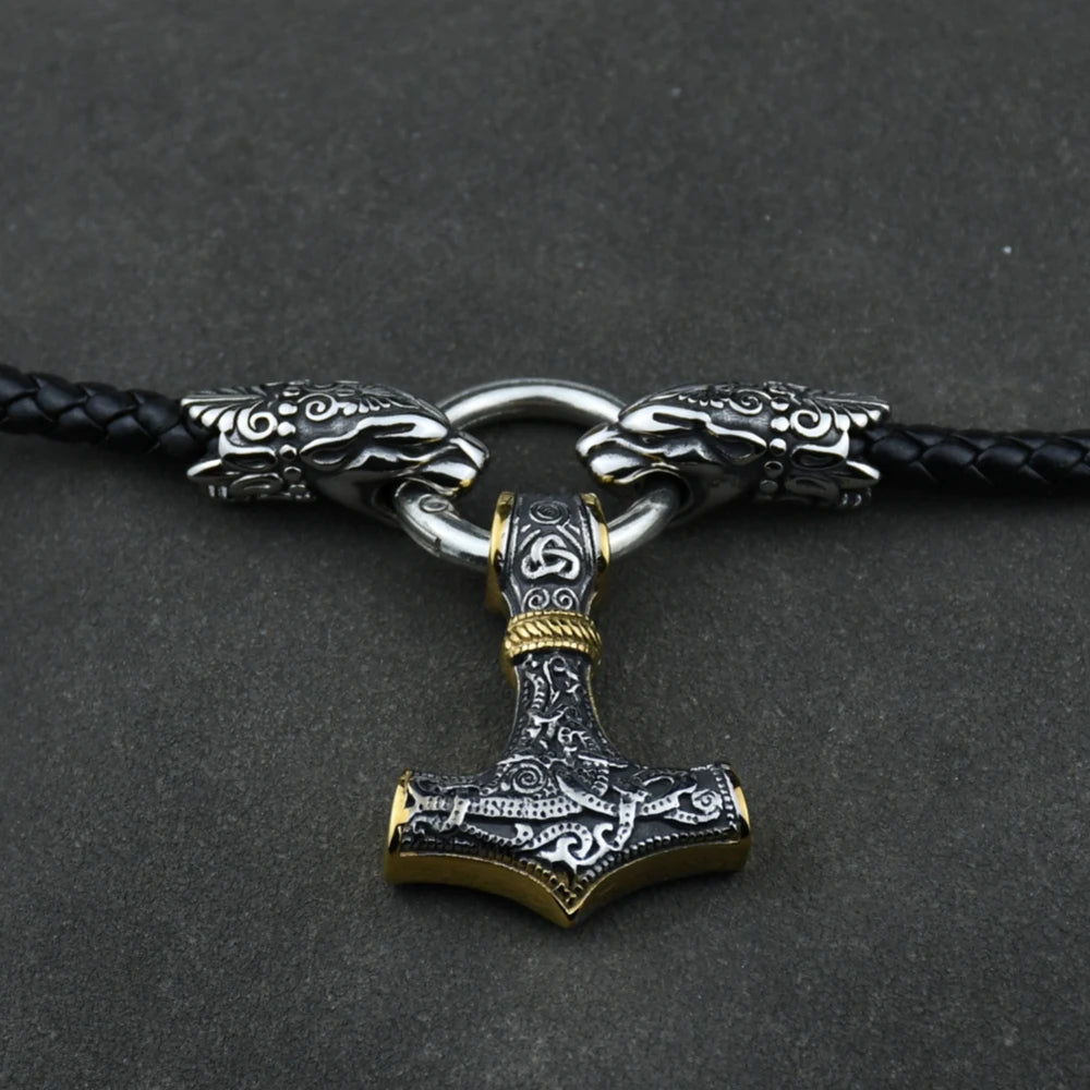 Men stainless steel Wolf head norse viking amulet thor hammer pendant necklace leather chain