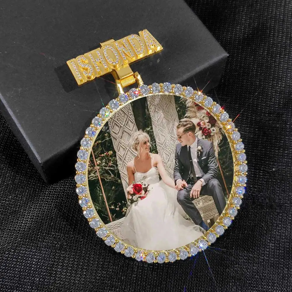 Iced Out Letter Photo Pendant Necklace 68MM Circle