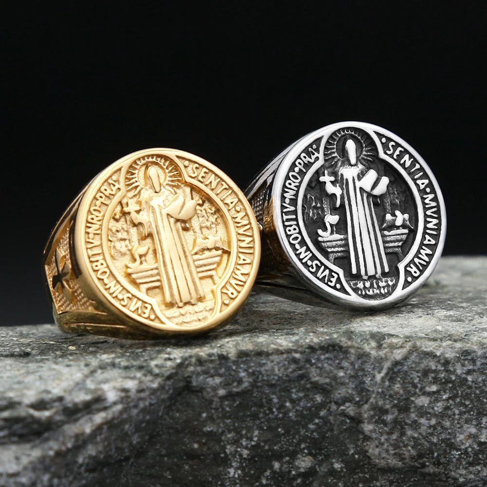 Cross Saint Benedict Steel Ring Vintage 316L Religious