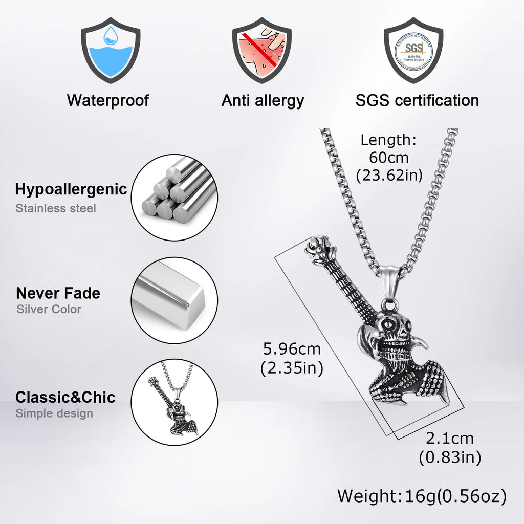 Gothic Hip Hop Skull Skeleton Guitar Necklace for Men Punk Instruments Pendant Stainless Steel Chain Neck Rock Jewelry Accessory