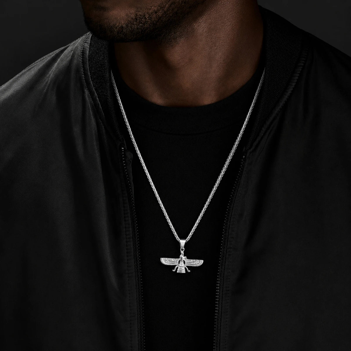 Faravahar Zoroastrian Pendant Necklace for Men,Stainless Steel Winged Eagle Amulet with CZ Stones,Hip Hop Religious Jewelry Gift