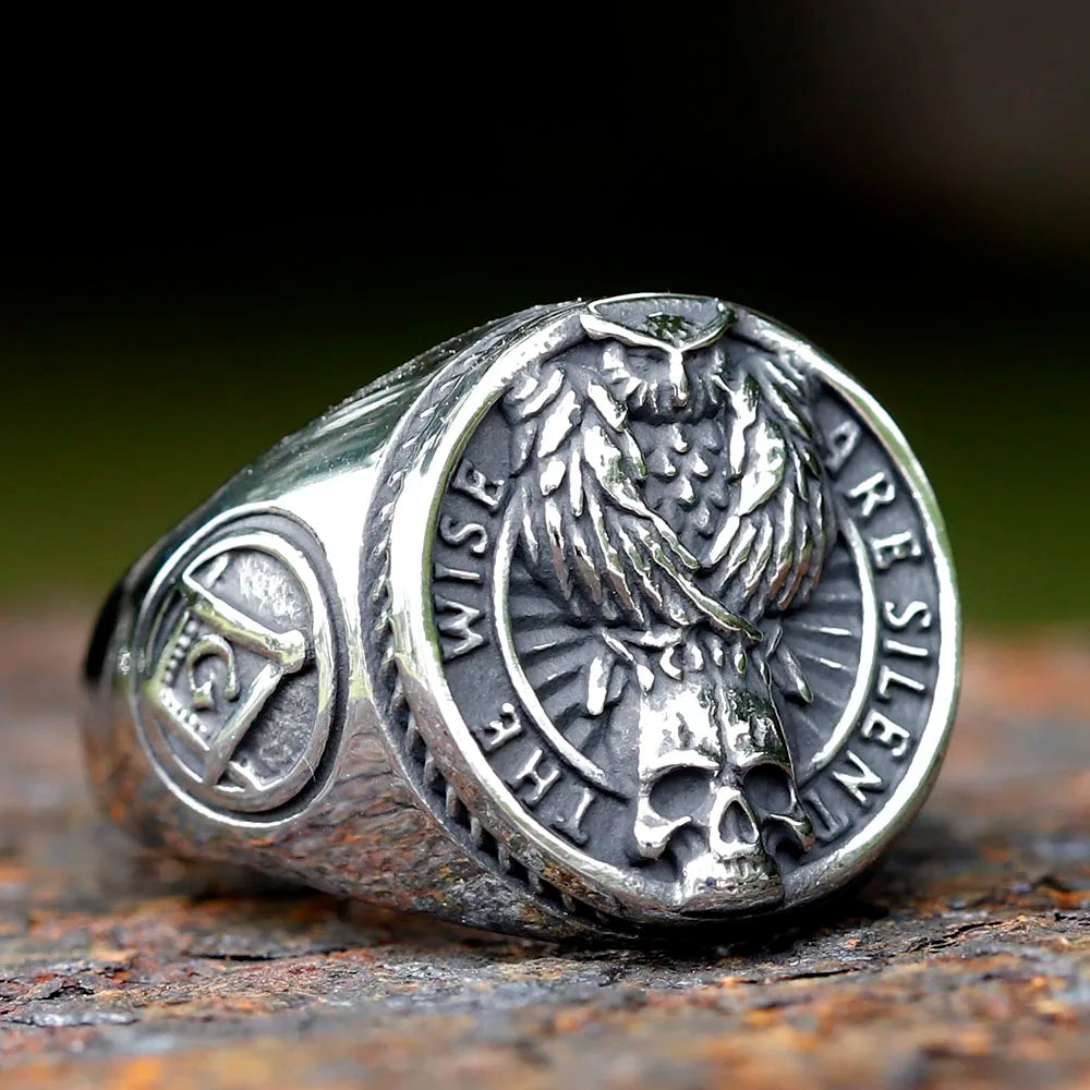 2023 New Gothic viking Freemasonry and raven skull Ring For Men Women Stainless Steel Male Anel Gift free shipping