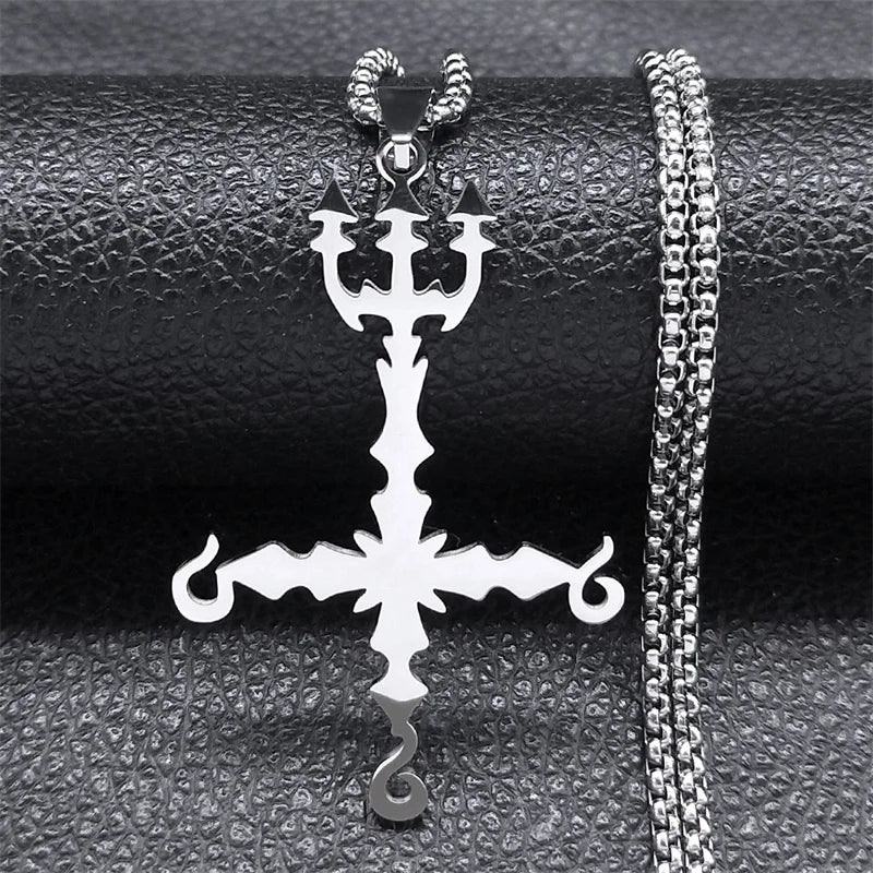 Heavy Metal 666 Music Band Necklace Stainless Steel Black Color Sigil Church of Satan Fork Cross Necklaces Jewelry N8055BKS06