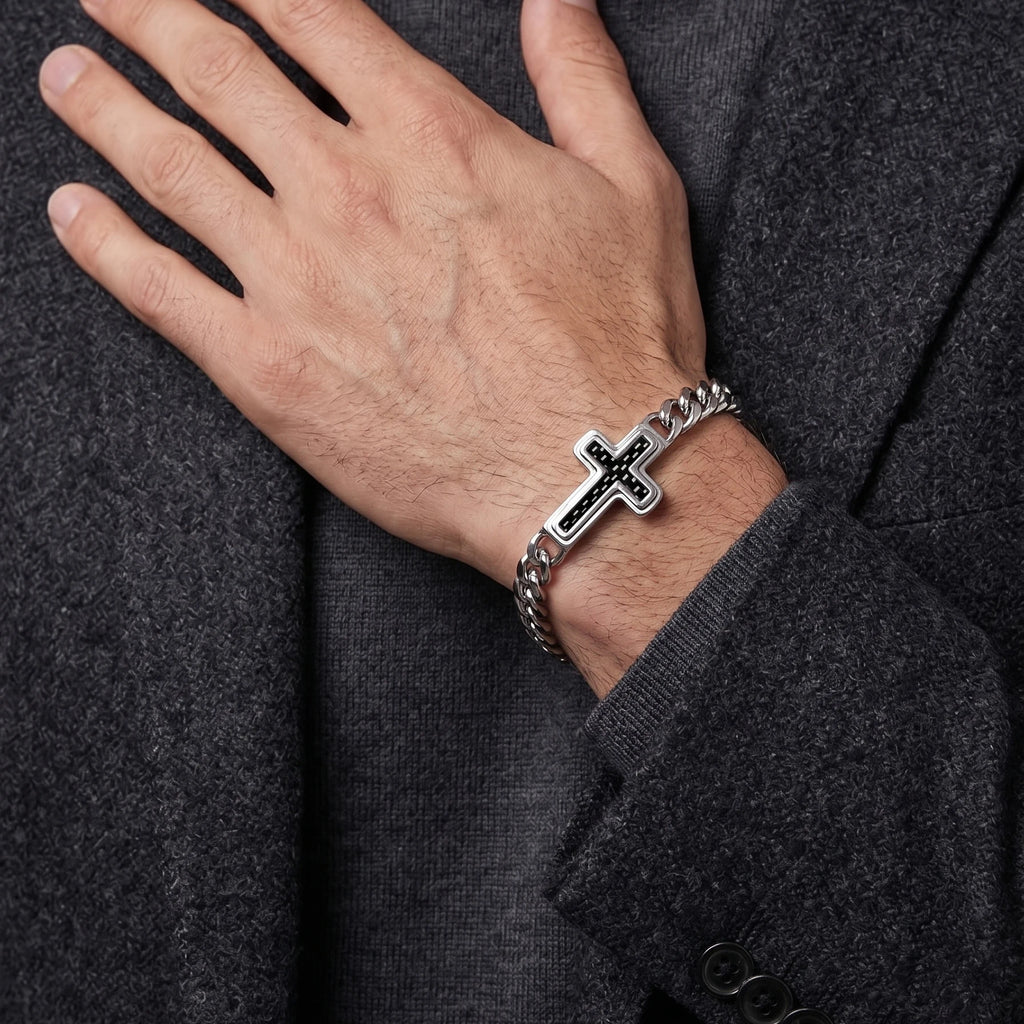 Cross Cuban Link Bracelet for Men Adjustable Stainless Steel Hip Hop Punk Religious Faith Jewelry Gift for Daily Wear