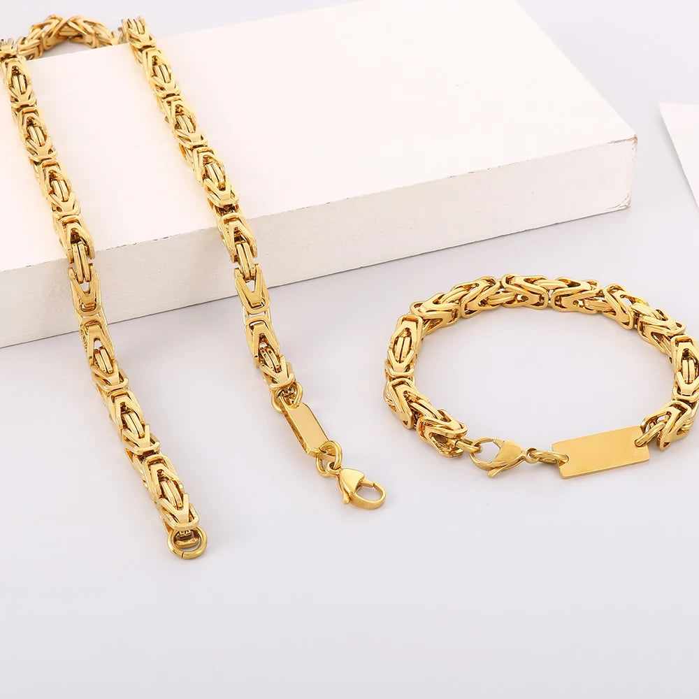 6MM Link Chain Bracelet Necklace Set for Man Waterproof Gold Color 50CM Long Stainless Steel Men's Necklace & Bracelets