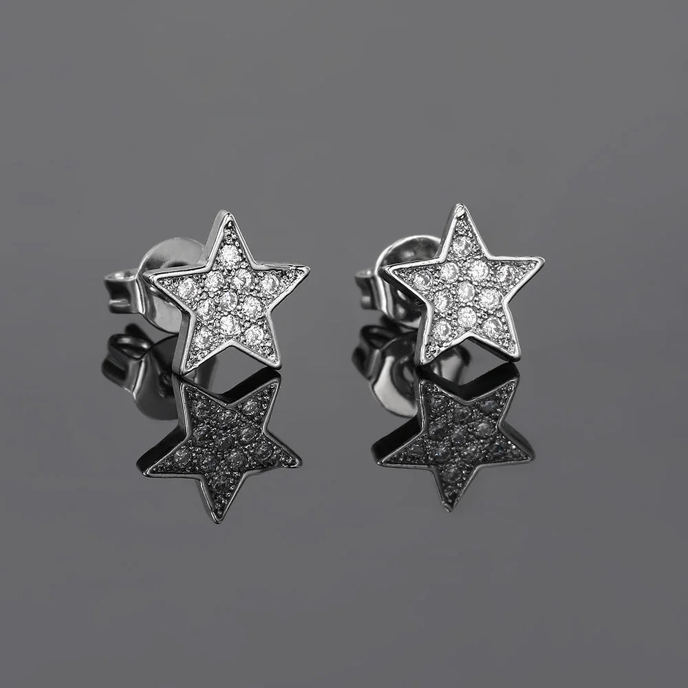 Iced Out Star Stud Earrings Stainless Steel CZ