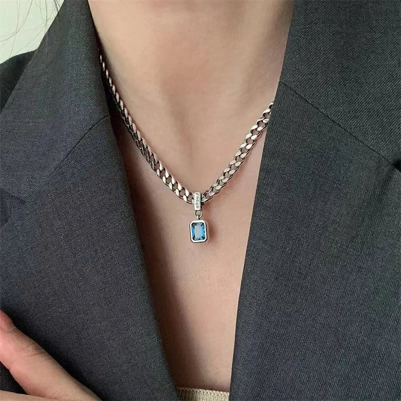 Stainless Steel Square Black Natural Stone Necklace Beautiful Geometric Polygon Pendant for Women Casual Punk Jewelry