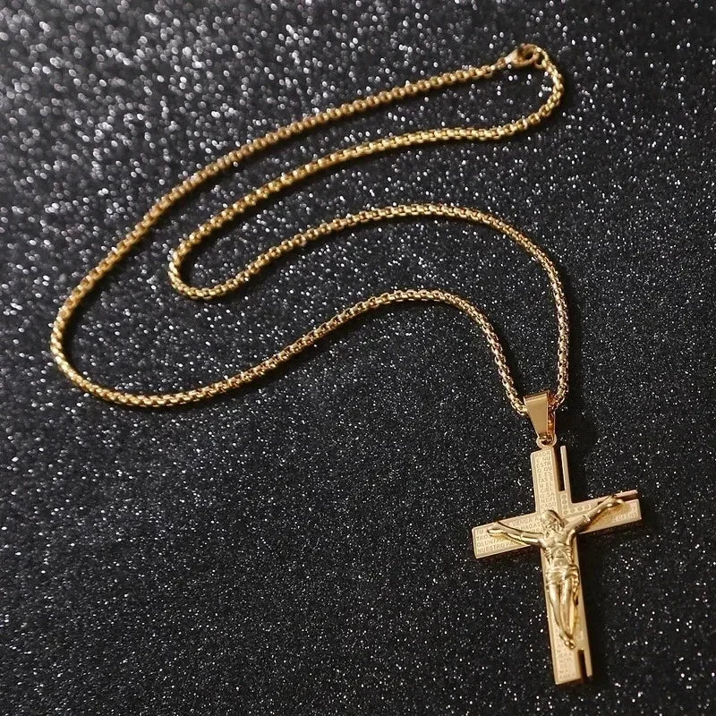 Jesus Christ Cross Mens Necklace Gold Color Cross Religious Pendant Necklace Accessory Chain Accessories