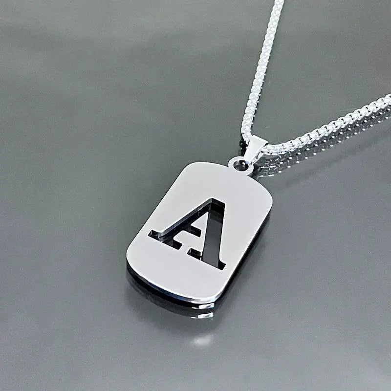 Initial Letter Tag Pendant Necklace — Stainless Steel