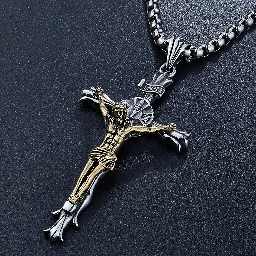 New Vintage Jesus Cross Pendant Necklace For Men Stainless Steel Punk Cross Religious Necklaces Fashion Amulet Jewelry Wholesale