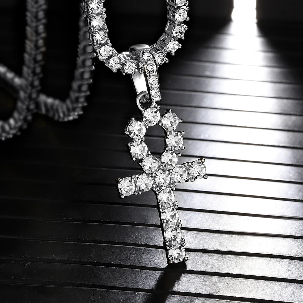 Iced Out Ankh Cross Pendant With 4mm Tennis Chain Necklace Good Luck Sparkling Hip Hop Creative Jewelry for Men Women Gift