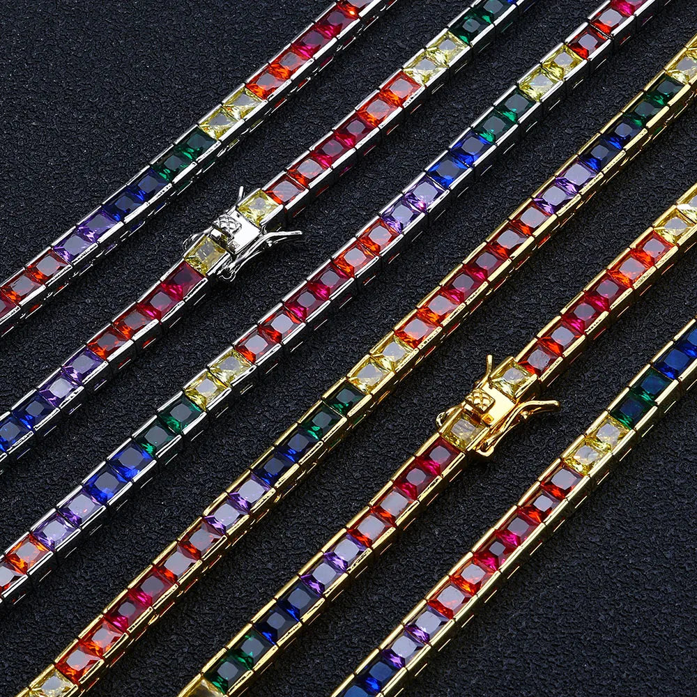 Gold Rainbow Tennis Necklace Iced Out 4MM 18K
