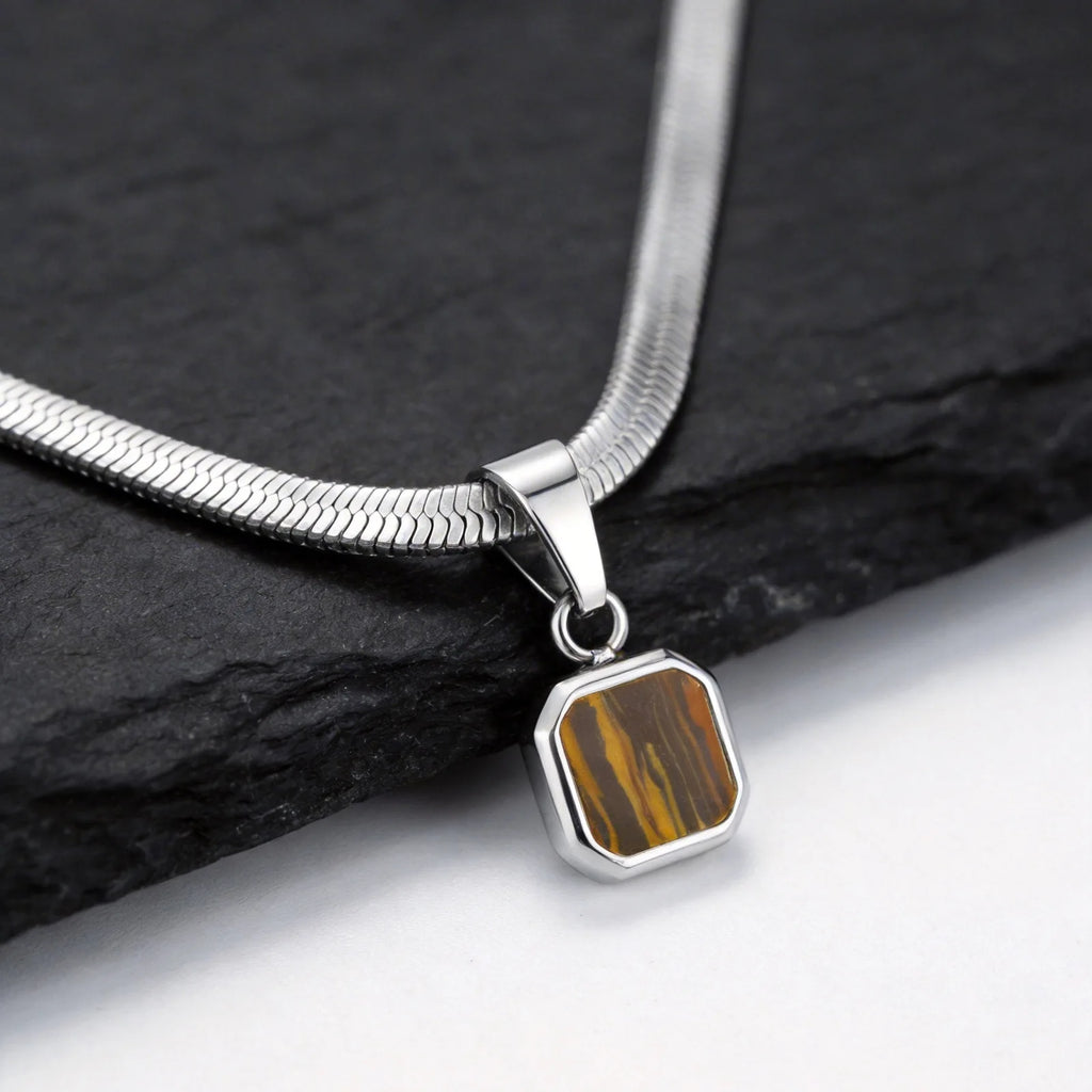 Vnox Geometric Square Natural Stone Pendant Necklace for Men, Gold Silver Color Stainless Steel Blade Chain, Trendy