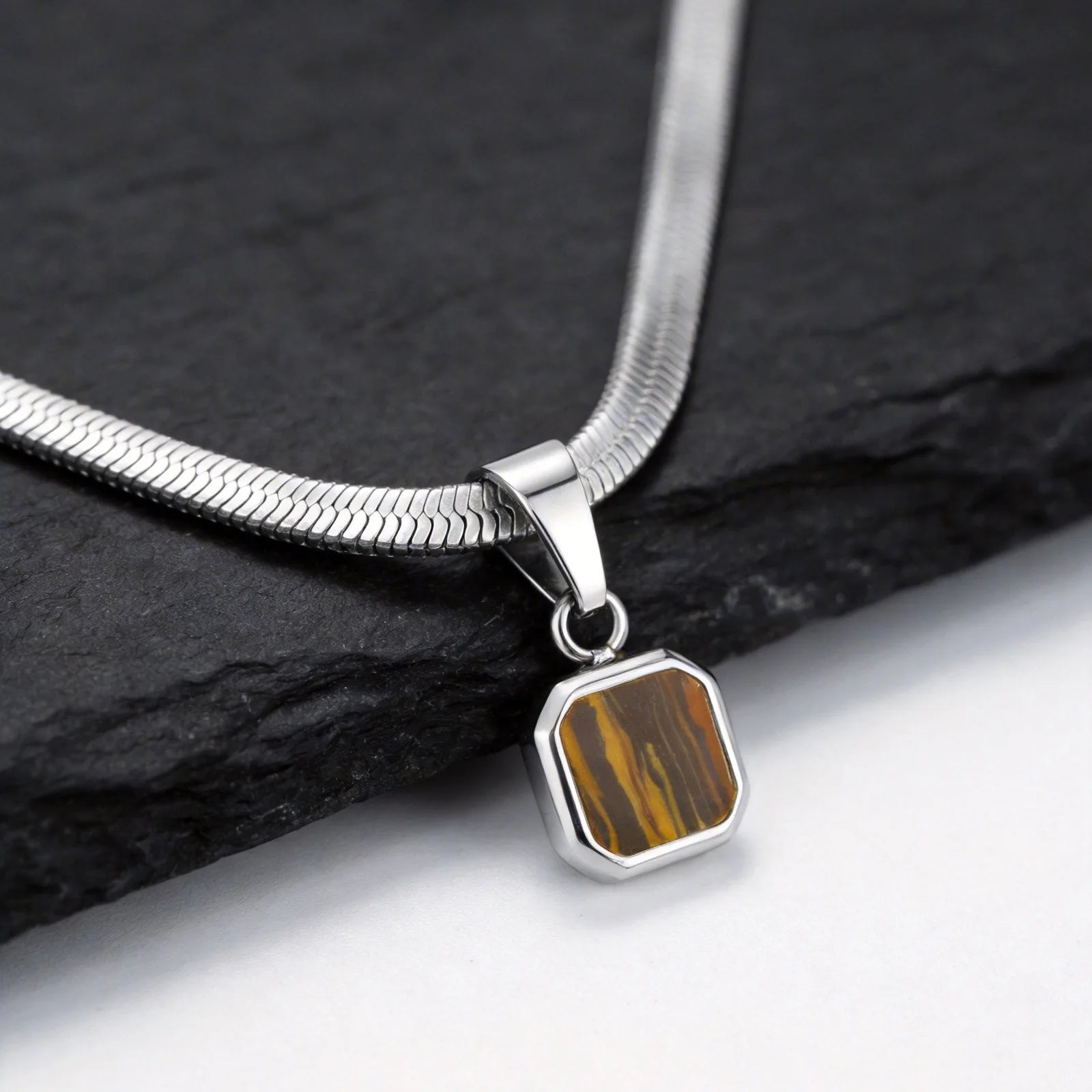 Vnox Geometric Square Natural Stone Pendant Necklace for Men, Gold Silver Color Stainless Steel Blade Chain, Trendy
