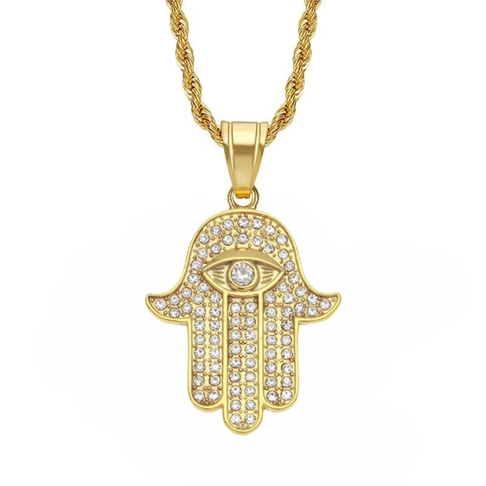 Hamsa Hand of Fatima Necklace Pendant & Chain For Men Women's Gold Color Stainless Steel Palm Necklaces Turkish Jewelry
