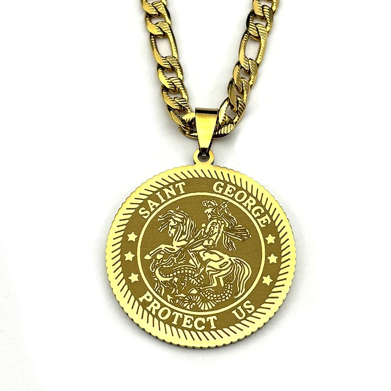 SAINT GEORGE Protect Us Round Medal Pendant Necklace for Women Men Stainless Steel Gold Color Christian Chain Amulet Jewelry