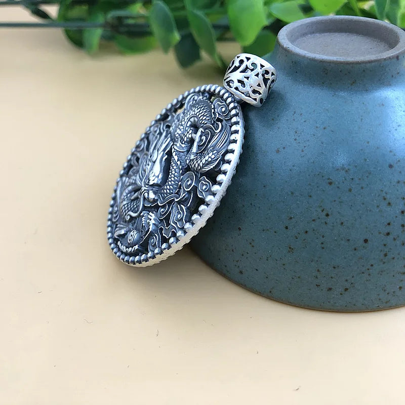 Chinese Dragon Medallion Pendant Necklace — Silver-Tone